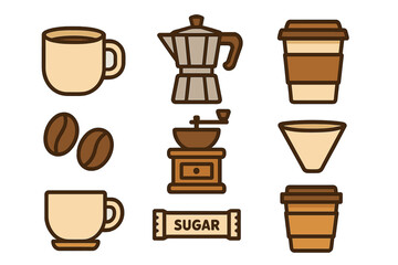 Collection of coffee shop essentials including mugs espresso maker grinder and beans