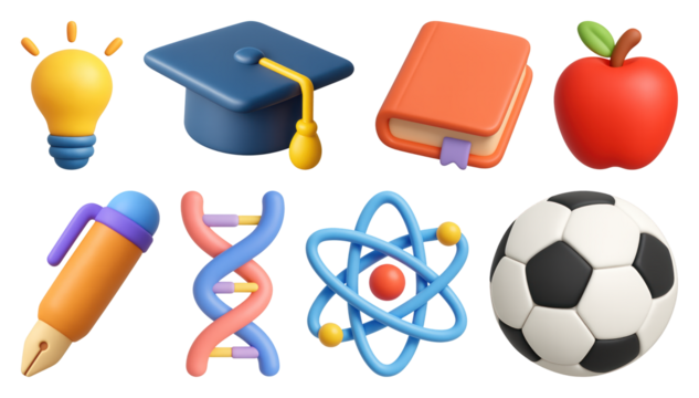 PNG Educational icons in 3D style, element set on transparent background