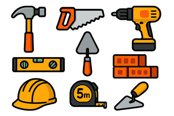 Essential building and home improvement tools including hammer, saw, drill, level, and safety gear