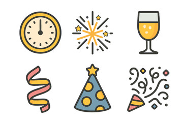 Colorful celebration symbols set featuring midnight clock, sparkling fireworks, and champagne glasses