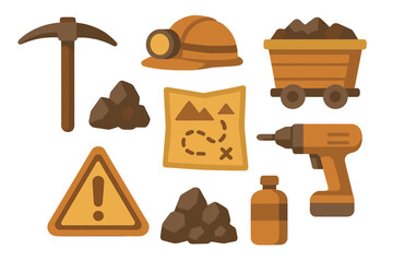 Essential mining equipment and exploration symbols including pickaxe, safety helmet, ore cart, and warning sign