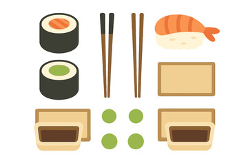 Japanese sushi rolls and nigiri set with chopsticks, wasabi, and soy sauce © Alan