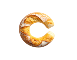 A curved, crusty loaf of bread, dusted with flour, shaped like the letter "C" against a black background