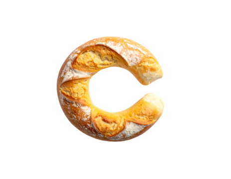 A curved, crusty loaf of bread, dusted with flour, shaped like the letter "C" against a black background