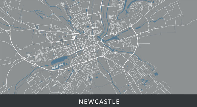 Newcastle city planning map with streets and riverways in monochrome