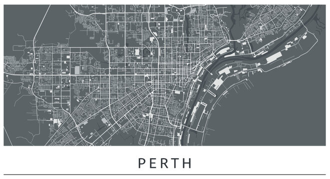 Detailed city map of perth highlighting urban layout and river