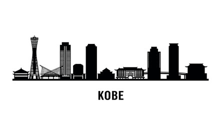 Kobe city skyline silhouette: iconic japanese landmarks in black and white
