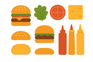 Set of delicious hamburger ingredients and sauces in modern flat graphic style