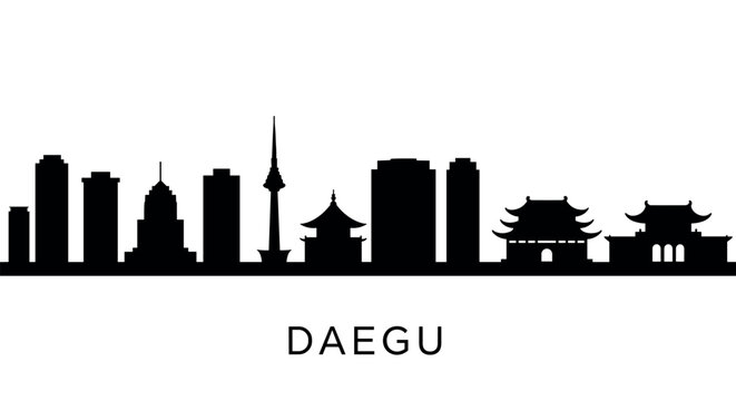 Daegu city silhouette with iconic landmarks in black and white design