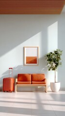 Orange Hard Shell Luggage Standing Beside A Minimalist Wooden Sofa With Orange Cushions And A Potted Green Plant In A Bright Room With Natural Light Streaming Through A Window Casting Shadows
