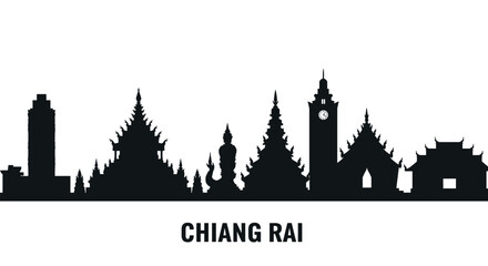 Chiang rai skyline silhouette with landmark highlights in black and white