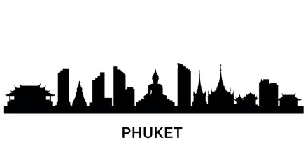 Naklejka premium Phuket city skyline silhouette with iconic landmarks in black and white design