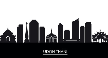 Naklejka premium Udon thani cityscape silhouette with iconic landmarks and modern architecture