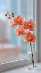 Delicate peach colored orchid flowers with red speckles in a clear glass vase on a windowsill with blurred outdoor background soft natural light
