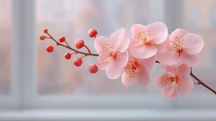 Delicate Pastel Pink Orchids Bloom on a Branch with Softly Blurred Window Background in Natural Light