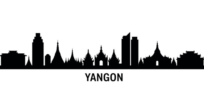 Yangon city silhouette skyline with iconic landmarks in black and white