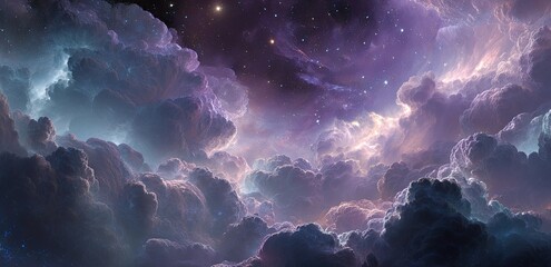 Naklejka premium Vast purple and gray clouds fill a starry night sky