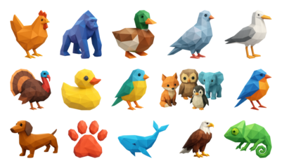 PNG Colorful low-poly animal figures, element set on transparent background