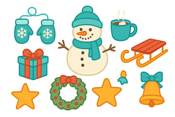 Obraz premium Cute winter and Christmas holiday elements featuring snowman, mittens, gift, and sleigh