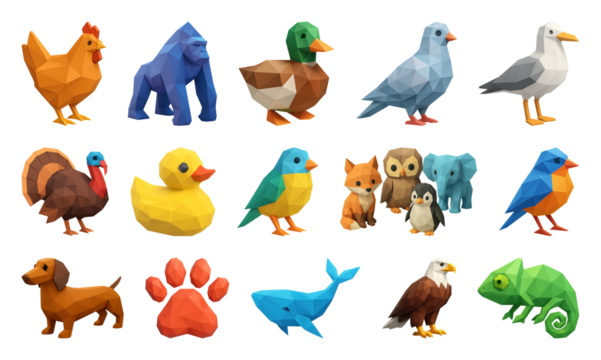 PNG Colorful low-poly animal figures, element set on transparent background