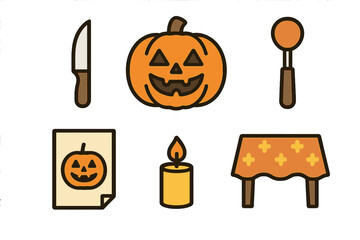 Essential Halloween objects set featuring a spooky Jack-o'-lantern, carving knife, and burning candle