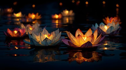 Floating lotus lanterns illuminating the night water