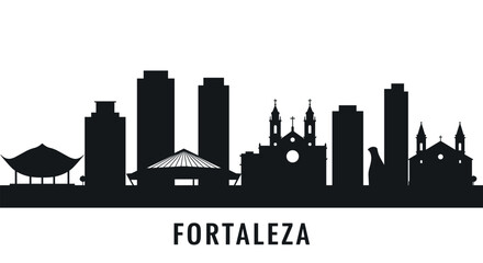 Naklejka premium Fortaleza city skyline silhouette with landmark buildings in black and white