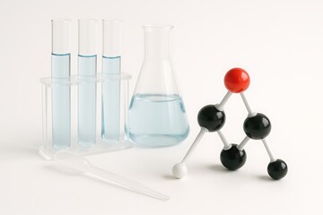 Laboratory glassware with molecular model and blue liquid on white background
