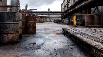 Naklejka premium Abandoned industrial complex featuring rusty drums decaying infrastructure and wet reflective ground under a gloomy overcast sky