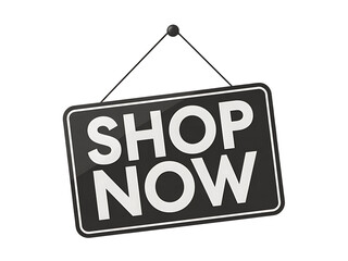A black and white hanging sign with the words shop now in bold white letters against a solid black background perfect for retail promotions