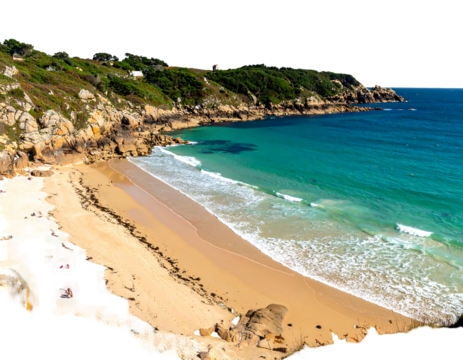 A picturesque beach with turquoise water nestled under cliffs covered in greenery under a bright, sunny sky