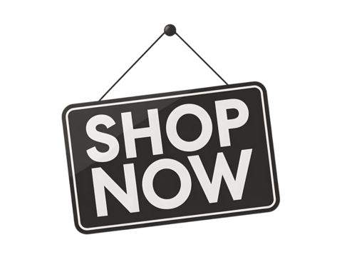 A black and white hanging sign with the words shop now in bold white letters against a solid black background perfect for retail promotions