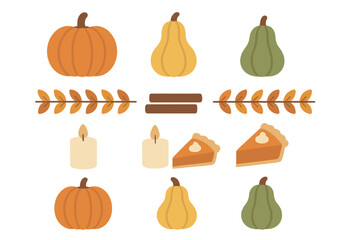 Pumpkins, gourds, pumpkin pie slices, burning candles, and decorative leaves for autumn harvest
