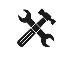 Wrench and hammer crossed, grayscale on black. Symbolizes construction or tools. Minimalistic graphic representation