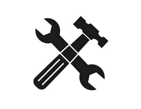 Wrench and hammer crossed, grayscale on black. Symbolizes construction or tools. Minimalistic graphic representation
