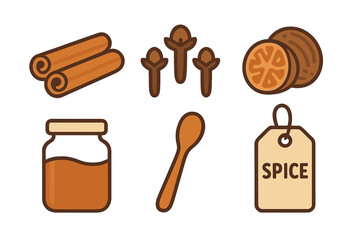 Collection of kitchen spices and cooking items including cinnamon, cloves, and nutmeg