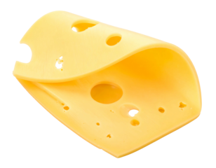 A folded, yellow cheese slice, showing circular holes and a slightly translucent quality against a black backdrop