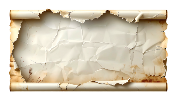 Wrinkled, torn parchment scroll with rolled ends, aged look, creating a textured backdrop