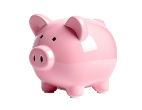 A pink ceramic piggy bank sits on a black background