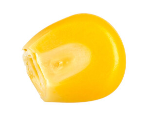 A close-up shot of a single corn kernel, showcasing its golden yellow color and textured surface against black