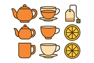 Collection of hot tea and coffee beverage icons including teapots cups saucers and lemon