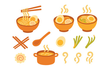 Japanese ramen noodle bowls and cooking ingredients set including eggs, scallions, and chopsticks