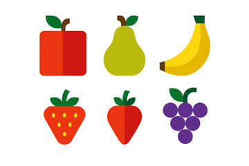 Colorful flat design collection of fruit symbols: apple, pear, banana, strawberry, and grapes