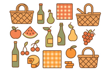 Collection of outdoor picnic essentials including woven baskets, beverage bottles, checkered blankets, and fresh produce
