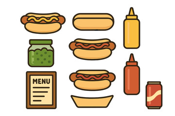 Classic street food set with hot dogs, buns, mustard, ketchup, relish, and soda can
