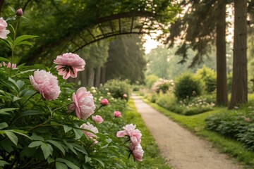 Beautiful peony flowers blooming in a lush green park on a sunny day