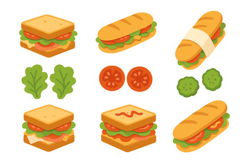 Isometric set of various sandwiches and sub rolls featuring fresh ingredients like tomato, lettuce, and cheese