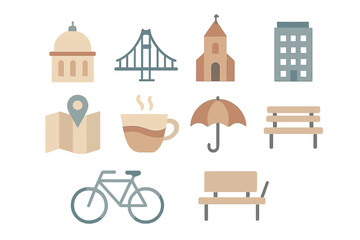 Flat design city and travel symbols featuring landmarks, buildings, transportation, and everyday items