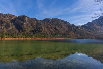 Lake landscape. Picturesque mountain lake Offensee located in the Salzkammergut region (Salt...