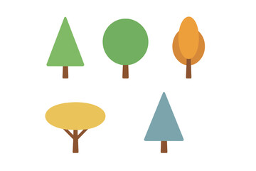 Minimalist nature icons featuring various tree shapes and seasonal color palettes